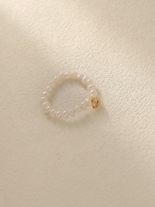 White [No.7] Brass Imitation Pearl Rosary Minimalist Band Fashion Ring